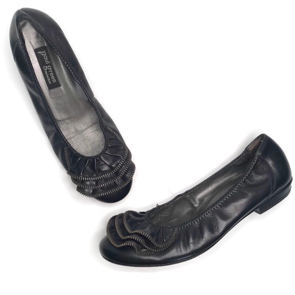 •Paul Green Black Leather Zip Trim Ruffle Flats